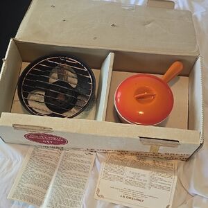 Vintage Le Creuset Orange Cast Iron Fondue Bourguignonne Pot With Original Box